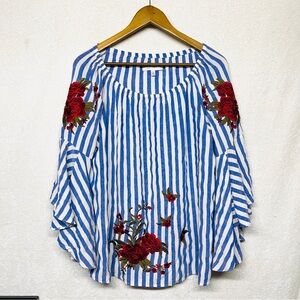 Fever striped embroidered rose shirt size L